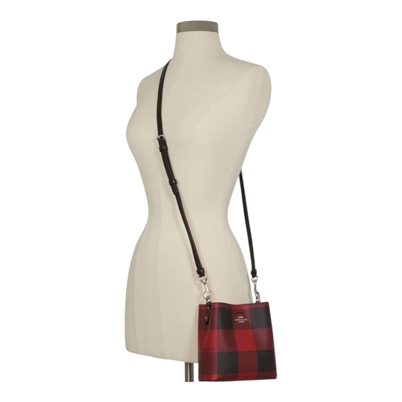 COACH MINI TOWN BUCKET BAG WITH RED & BLACK BUFFALO PLAID PRINT - Picture 3 of 8